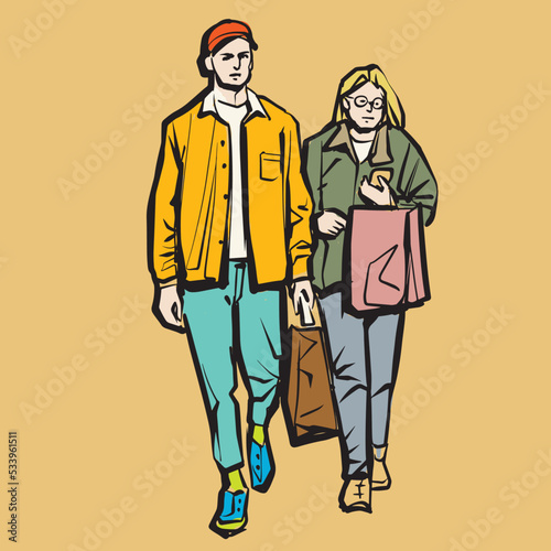 Woman and man on a walk. Sketch of the young couple. Ink drawing