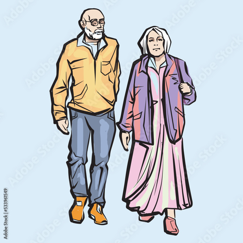 Happy elderly couple on a walk. Ink drawing. Vector illustration