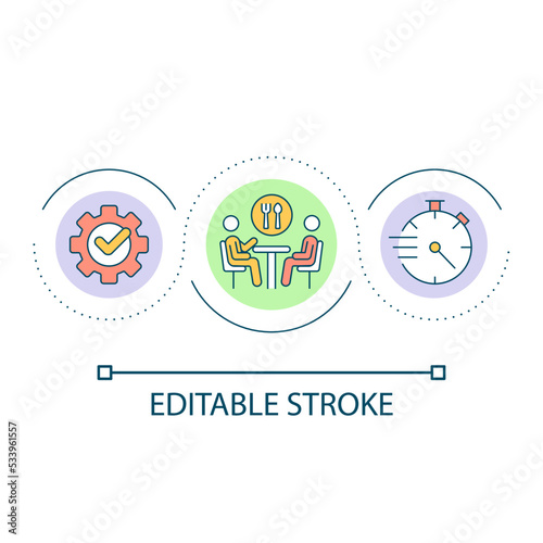 Wait time at restaurant loop concept icon. Handling customer expectations abstract idea thin line illustration. Dining experience. Isolated outline drawing. Editable stroke. Arial font used