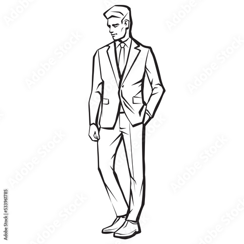 Businessman in suit standing  abstract ink drawing vector silhouette. Male fashion model