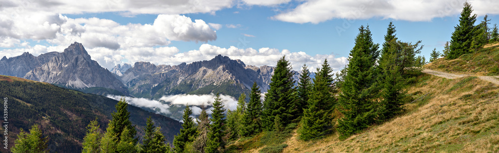  panoramic view from the mountain Turnthaler onto the Sextner Dolomites in South Tirol, Italy
