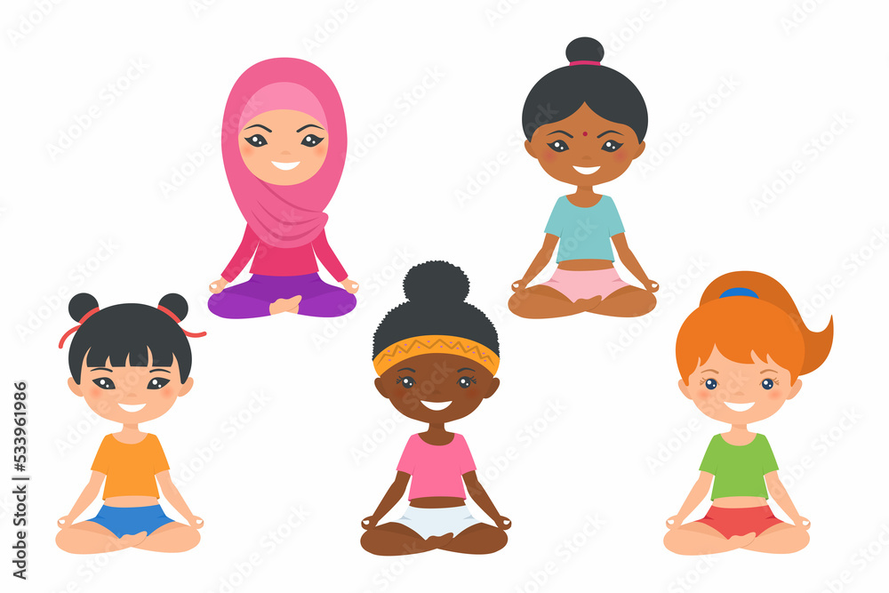 Cute chibi girls doing yoga. Happy childhood concept. Cartoon flat style Cute chibi girls doing yoga. Happy childhood concept. Cartoon flat style