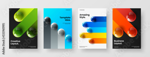 Geometric realistic balls corporate brochure concept bundle. Premium company cover design vector illustration collection.