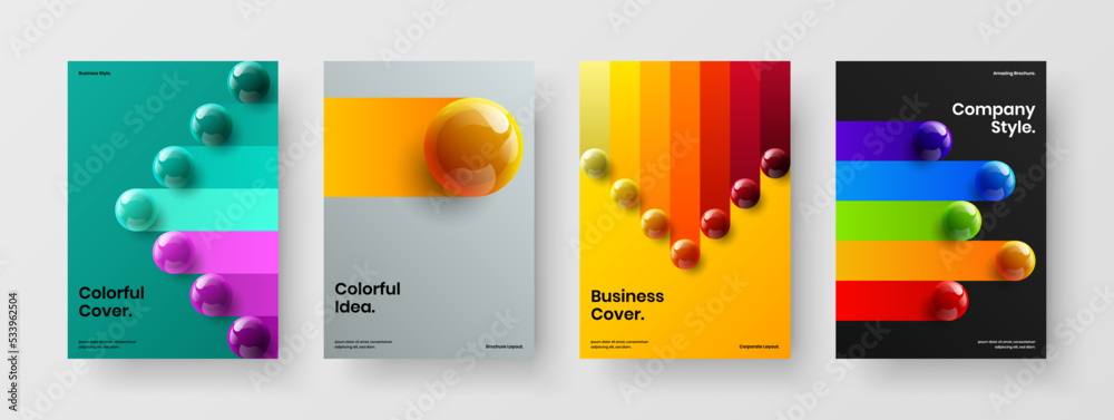 Vivid corporate cover A4 design vector template bundle. Abstract realistic spheres banner concept composition.