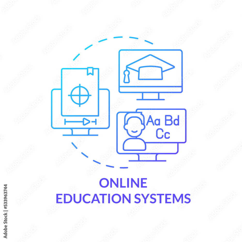 Online education systems blue gradient concept icon. Internet platform and website. Business trend abstract idea thin line illustration. Isolated outline drawing. Myriad Pro-Bold font used Online education systems blue gradient concept icon. Internet platform and website. Business trend abstract idea thin line illustration. Isolated outline drawing. Myriad Pro-Bold font used