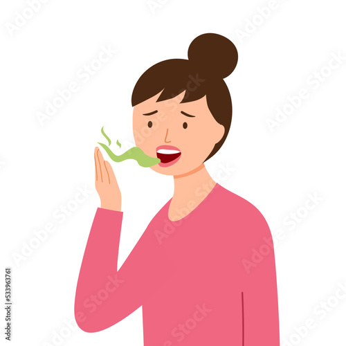 Woman with bad breath in flat design on white background. Smelly mouth concept vector illustration.