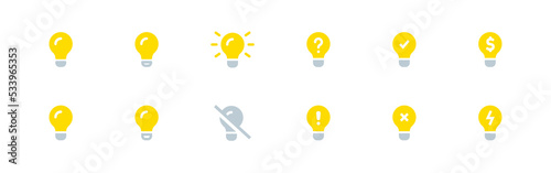 Yellow bulb icon set. Lightbulb symbol. Idea concept sign. Line bulb checkmark in vector flat