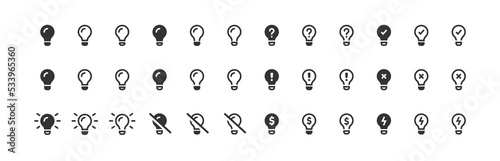 Bulb icon set. Lightbulb symbol. Idea concept sign. Line bulb checkmark in vector flat