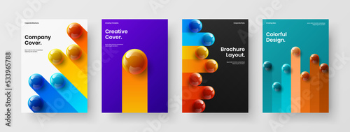 Minimalistic handbill A4 vector design template composition. Unique 3D spheres pamphlet layout collection.