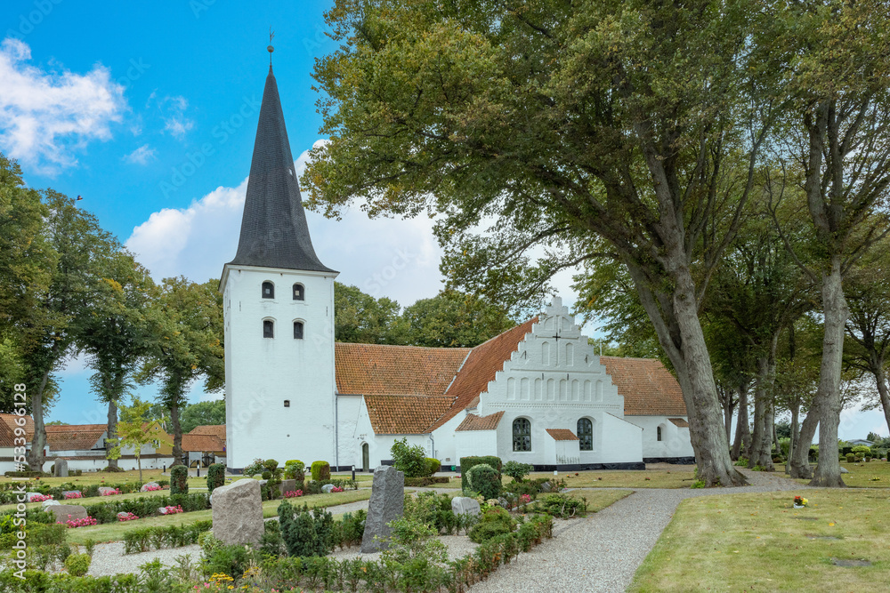 Bogense church,Along the street in Bogense, Bogense is a harbor town on the Kattegat on northern Fyn,Denmark,Scandinavia,Europe