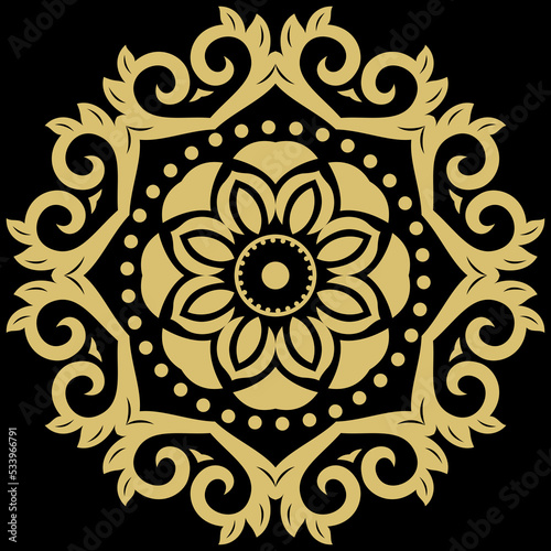 Oriental pattern with arabesques and floral elements. Traditional classic round golden ornament. Vintage black and golden pattern with arabesques
