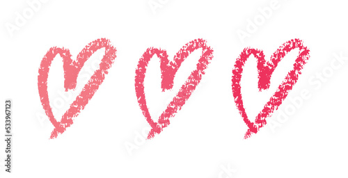 Set of Isolated Cute Hearts Painted with Lipstick. Red Pink Color. Hand Drawn Style. Symbol of Romantic Love. Design Element. White background. Vector illustration.