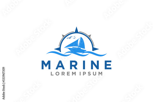 Maritime anchor ship logo design wind rose icon symbol illustration marine anautical dhow sailing ship