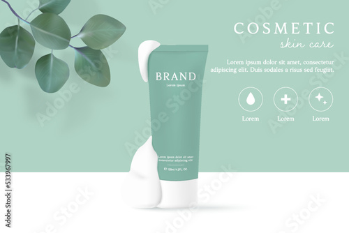 Facial cleanser and cosmetic product ad with foam and leaves. photo