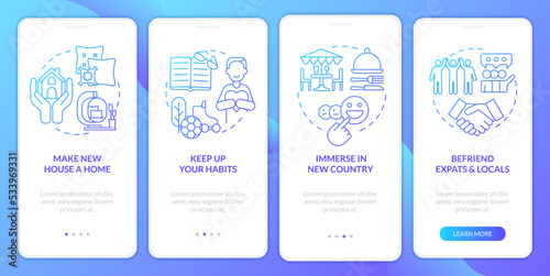 Deal with homesickness tips blue gradient onboarding mobile app screen. Expat walkthrough 4 steps graphic instructions with linear concepts. UI, UX, GUI template. Myriad Pro-Bold, Regular fonts used
