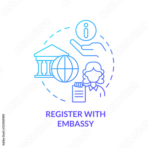 Register with embassy blue gradient concept icon. International ID document. Expat consulate services abstract idea thin line illustration. Isolated outline drawing. Myriad Pro-Bold font used