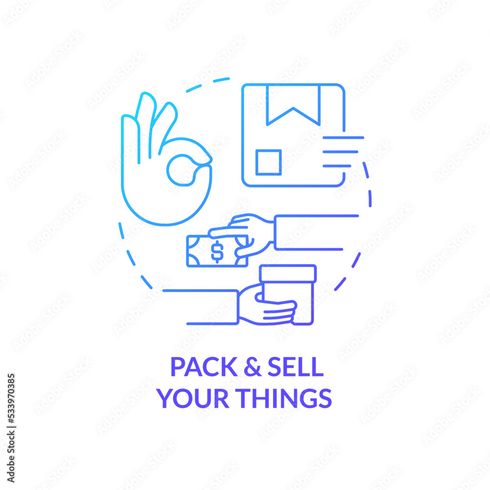 Pack and sell your things blue gradient concept icon. Prepare to move abroad. Pack and sell your things abstract idea thin line illustration. Isolated outline drawing. Myriad Pro-Bold font used Pack and sell your things blue gradient concept icon. Prepare to move abroad. Pack and sell your things abstract idea thin line illustration. Isolated outline drawing. Myriad Pro-Bold font used