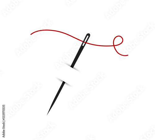 Sewing needle with red thread and stitching. Sharp Needle
