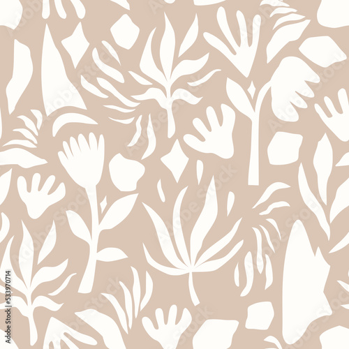 Floral monochrome abstract seamless design on beige background.