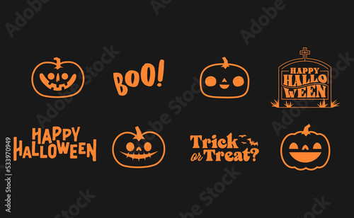 Halloween graphic elements with carved pumpkins and bats. Trick or treat, Boo and spooky designs. Halloween decoration.