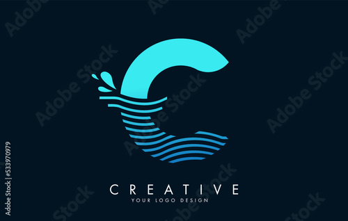 Blue C Letter Logo with Waves and Water Drops Design.