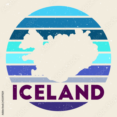 Iceland logo. Sign with the map of country and colored stripes  vector illustration. Can be used as insignia  logotype  label  sticker or badge of the Iceland.