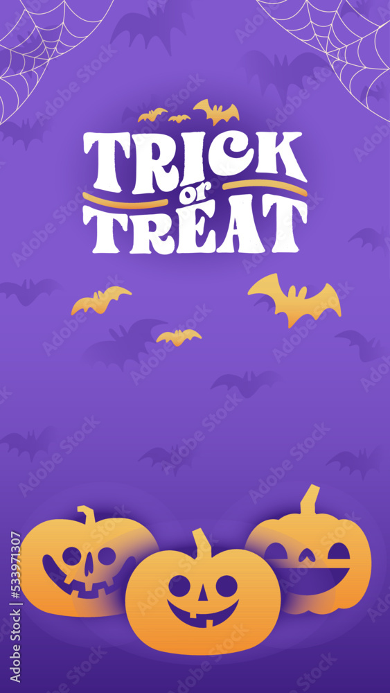 Halloween banner with copy space. Trick or treat lettering sign with bats and carved pumpkins. Cute and funny spooky style.