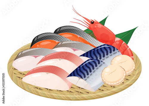 ザルにのせた魚の切り身の盛り合わせのイラスト