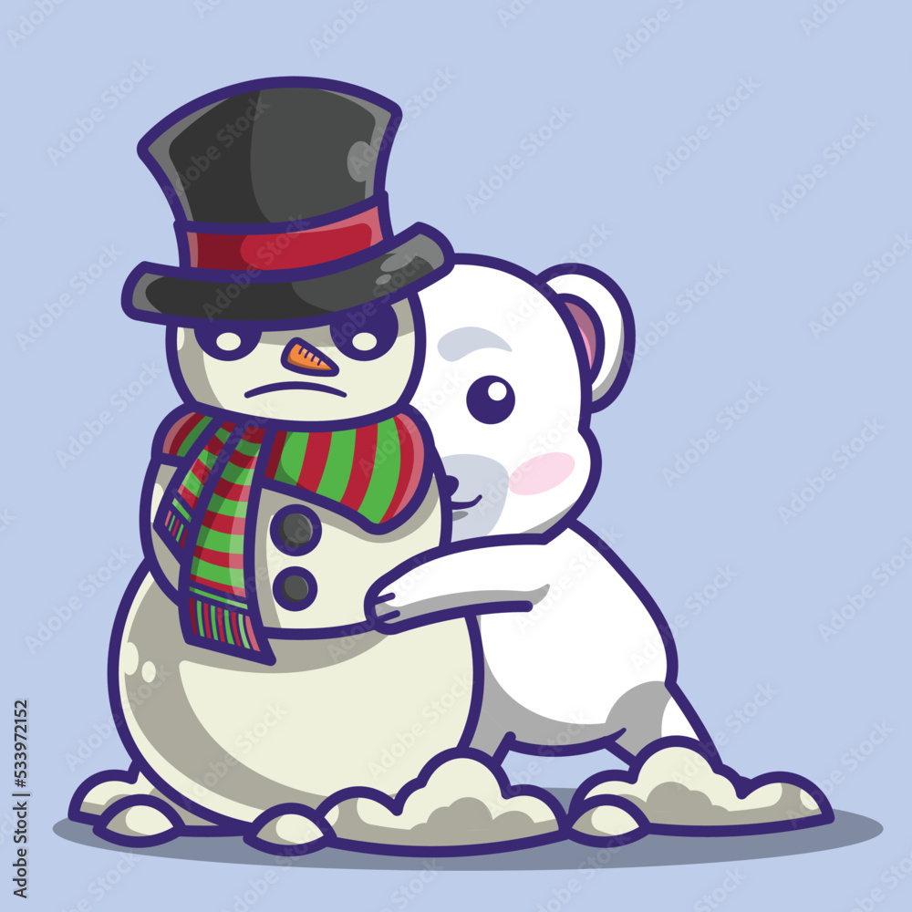 cute polar bear character playing with snowman cute polar bear character playing with snowman