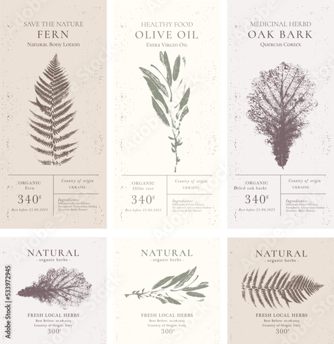 Elegant Label collection for Natural organic herbal products. Vintage packaging design set for Cosmetics, Pharmacy, healthy food
