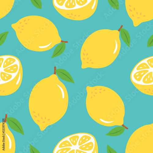 Seamless pattern with lemons and leaves. Vector illustration with whole and sliced lemons. Juicy wallpaper on a blue background