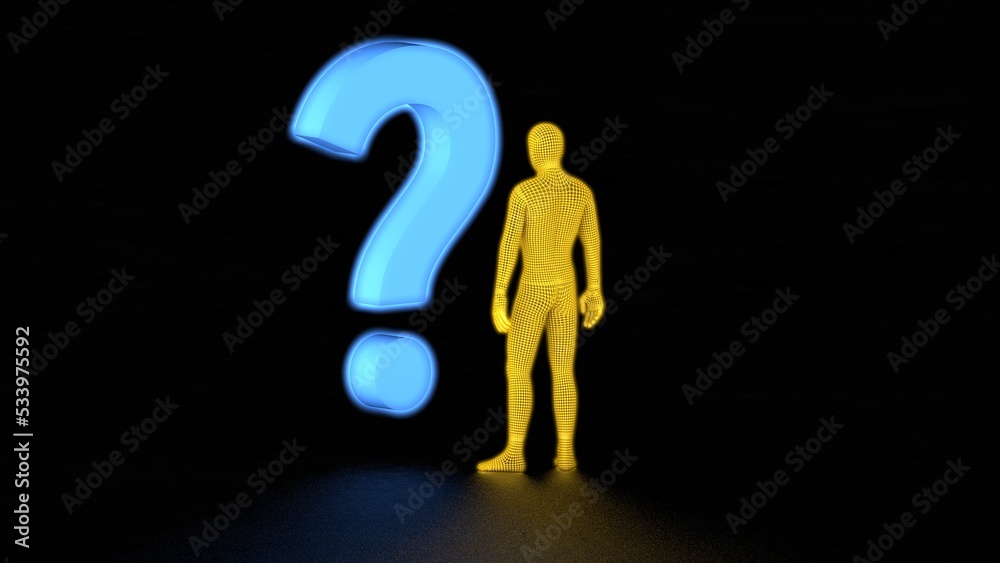 Neon yellow abstract man standing near blue neon question mark. Mental health concept. 3D render Neon yellow abstract man standing near blue neon question mark. Mental health concept. 3D render