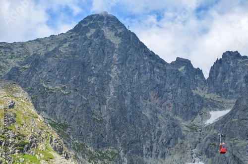 Gondola of ropeway to peak of Lomnicky stit second highest peak in High Tatra mountains, Slovakia