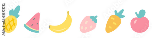 Cartoon collection of fruits and vegetables. Cute food icons in flat hand drawn style. Different decor elements. Vector illustration