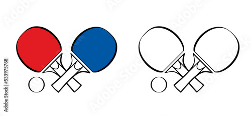 Cartoon table tennis or ping pong on the table. Vector table tennis bat. Sports symbol or logo. Rackets and ball emblem. Table tennis paddle icon. pingpong sports.