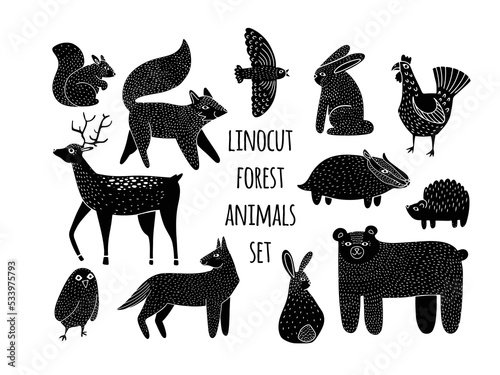Hand drawn set with wild forest animals in linocut style. Isolated on white background vector illustration photo