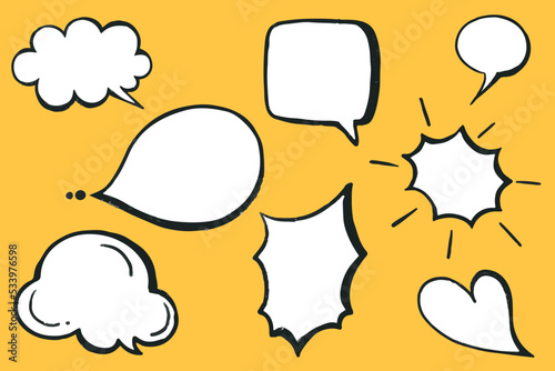 set of speech comic balloon box yellow background