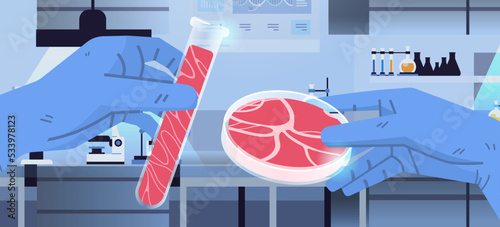 scientist hands holding test tubes with cultured red raw meat made from animal cells artificial lab grown meat production