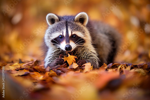 3d illustration of a tiny raccon hiding in a pile of autumn leaves photo