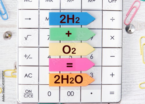 The chemical formula of the compound H2 and oxygen O2 text on colored stickers lying on the calculator