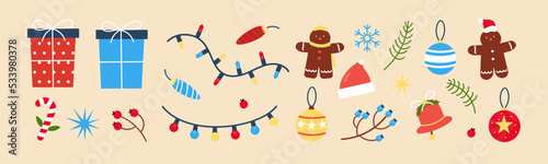Christmas collection element with traditional Christmas symbols and decorative elements. Vintage style with traditional Christmas and New Year elements. Hand drawn flat vector illustration.