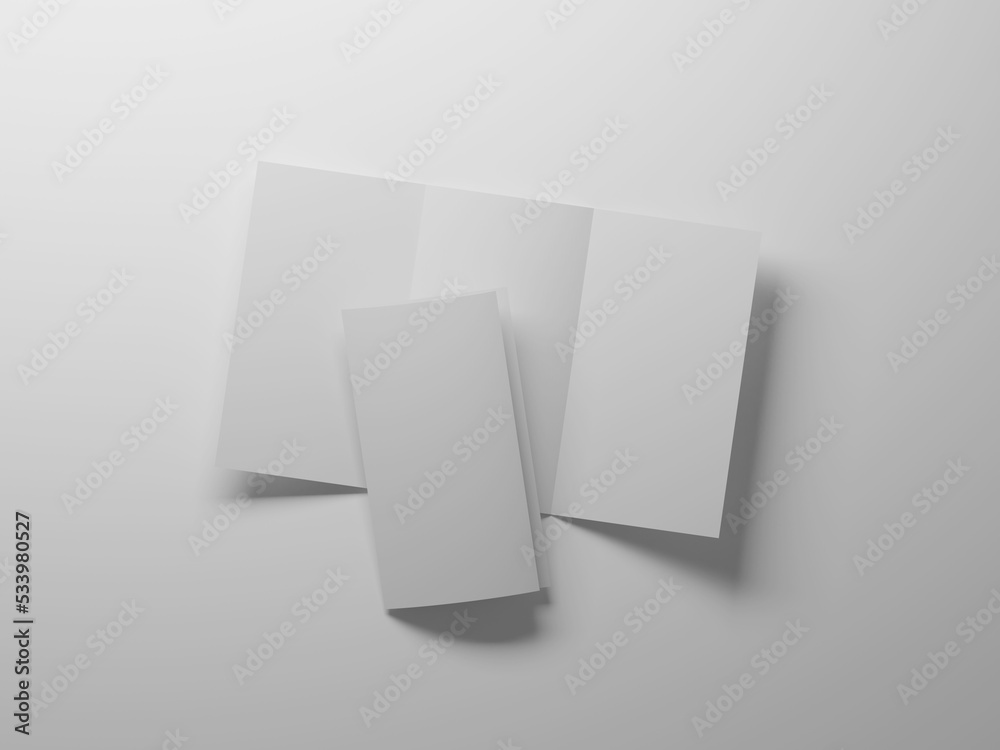 Tri-fold brochure mockup, 3d rendering. White paper A4 mockup.