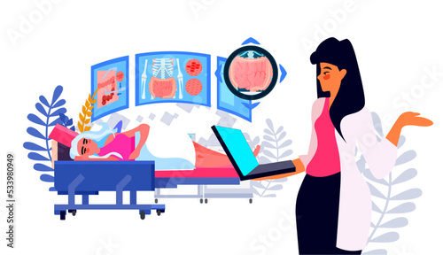 doctor examining stomach X-ray of female patient health care medical treatment concept