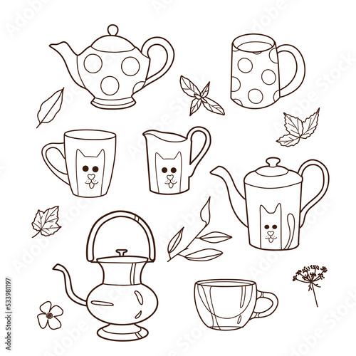 contour drawings, cup and teapot set, for tea and coffee