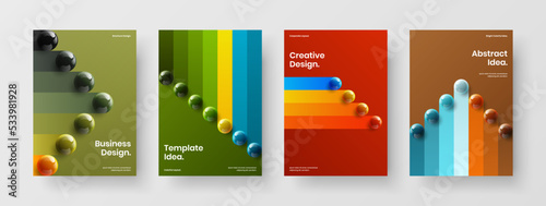 Isolated 3D balls handbill illustration bundle. Multicolored company identity A4 vector design concept set.