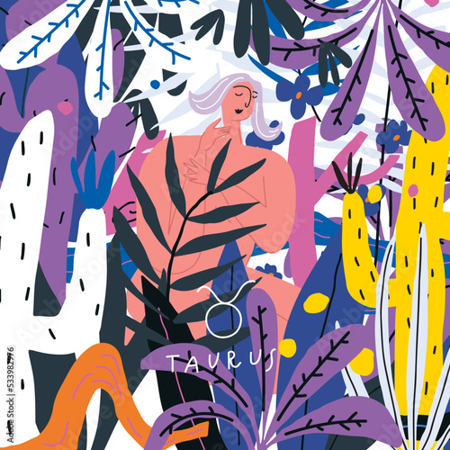 Taurus zodiac sign card. Stylized woman in plant. Vector illustration
