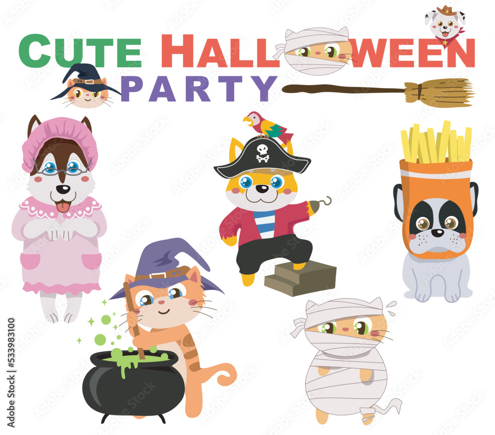 Cute animal with Halloween theme on white background for kids' fashion artworks, children's books, birthday invitations, greeting cards, and posters. Fantasy cartoon vector illustration.