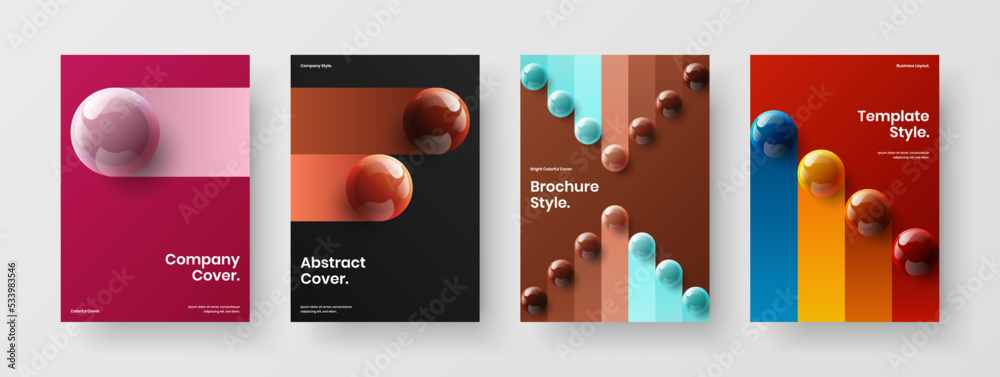 Geometric realistic balls banner concept set. Abstract front page design vector layout collection.