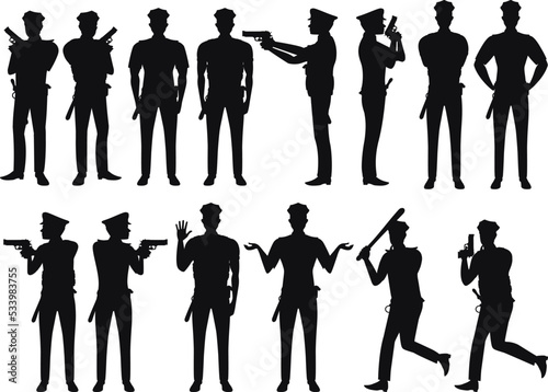 Collection of police officer characters holding gun placard isolated vector Silhouettes