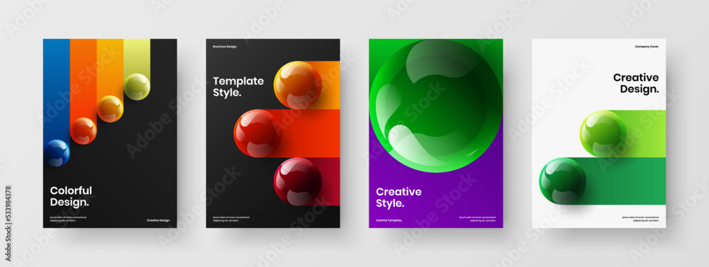 Bright realistic spheres corporate cover illustration bundle. Creative booklet A4 design vector template collection.